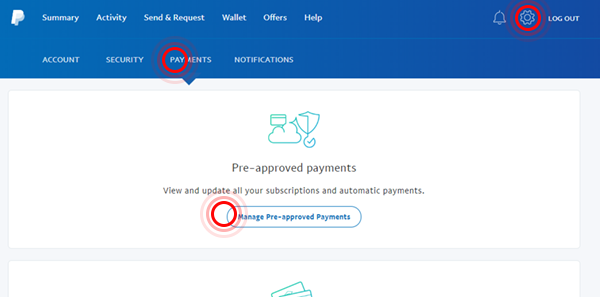 Скриншот страницы предварительно одобренных платежей PayPal